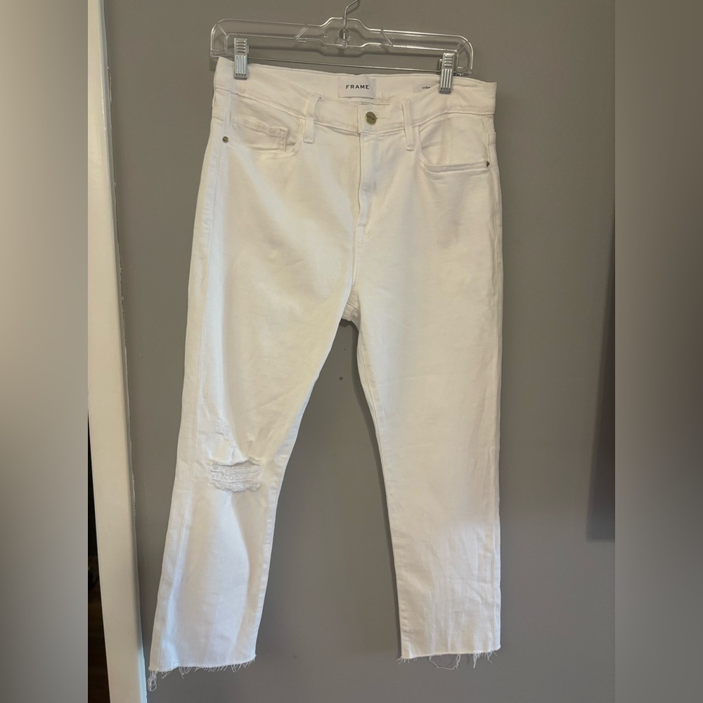 Frame Le Beau Cropped Distressed High Rise Slim Leg Jeans in White Size 26 - Picture 2 of 5